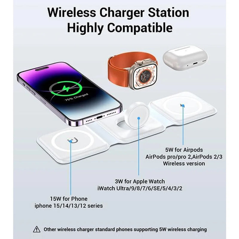 carregador Rápido sem fio Pad Stand, dobrável carregamento Dock Station para iPhone 15, 14, 13, 12, 11, 8, X, XR, Apple Watch, Airpods, 100W, 3 em 1